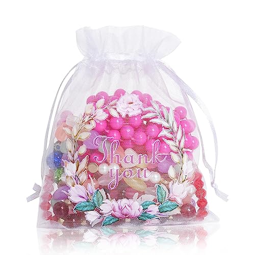 Bskifnn 50 Pcs Organza Bags Thank You Printed Satin Drawstring Organza Pouch Candy Bags Wedding Party Favor Gift Bag Jewel...