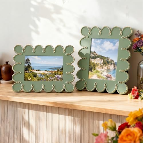 AceOrbit 4x6 Inch Sage Green Petal Wave Picture Frame Cute Wavy Edge Resin Scalloped Photo Frame for Desktop Display Home ...