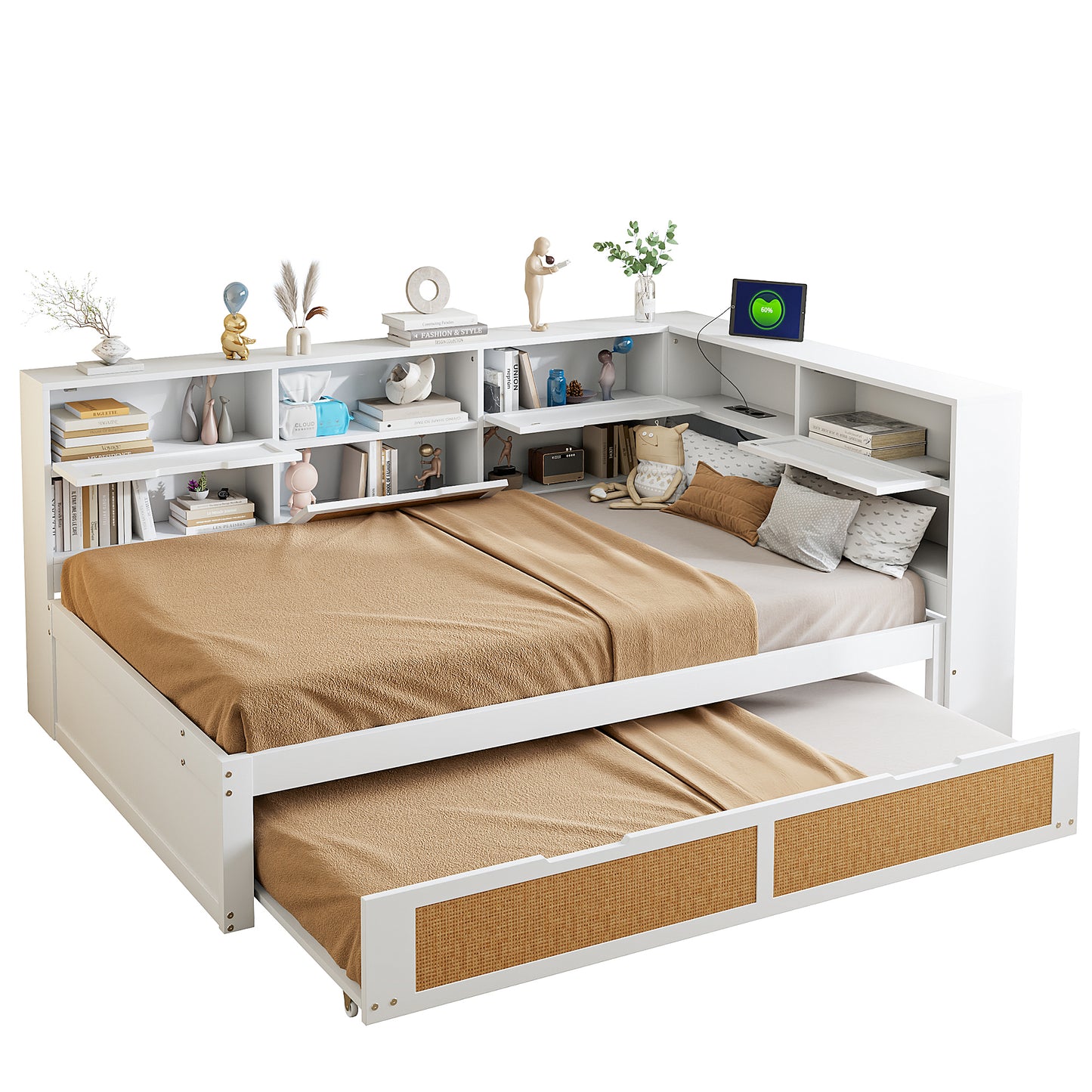 Wooden Sofa Bed 140x200 With Trundle Bed Multifunctional Single Bed Cot With Many Storage Compartments And Charging Port White