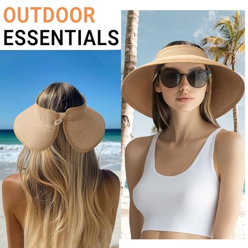 PFFY Sun Visors Hats for Women Wide Brim Straw Visor Packable Foldable Ponytail Travel Beach Hat Vacation Essentials