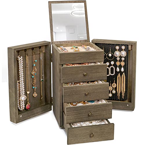 Meangood Jewelry Box Wood for Women, 5-Layer Large Organizer Box with Mirror & 4 Drawers for Rings, Earrings, Necklaces, V...