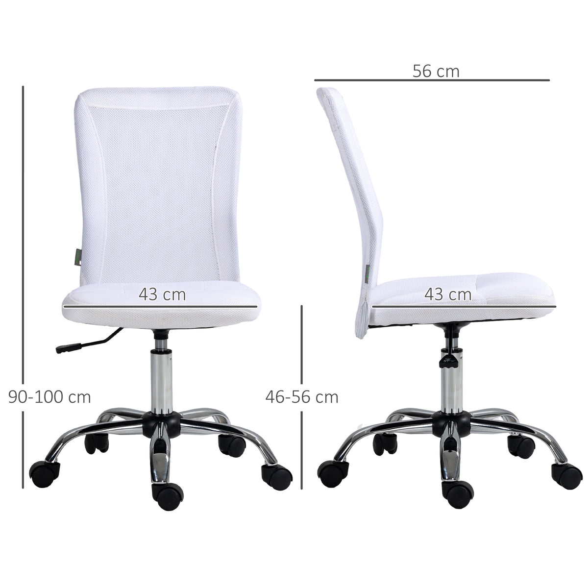 Vinsetto Computer Desk Chair, Mesh Office Chair With Adjustable Height And Swivel Wheels, Armless Study Chair, White