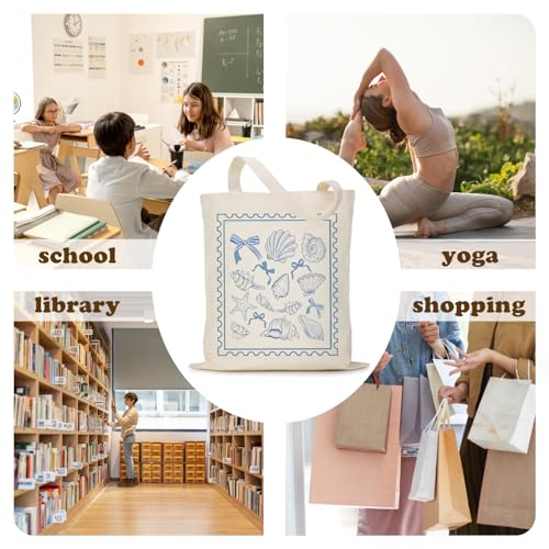 Puuonnnnno Blue Seashells Stamp Canvas Tote Bag for Woman Lady Friends, Canvas Shoulder Bag Reusable Grocery Shopping Bag