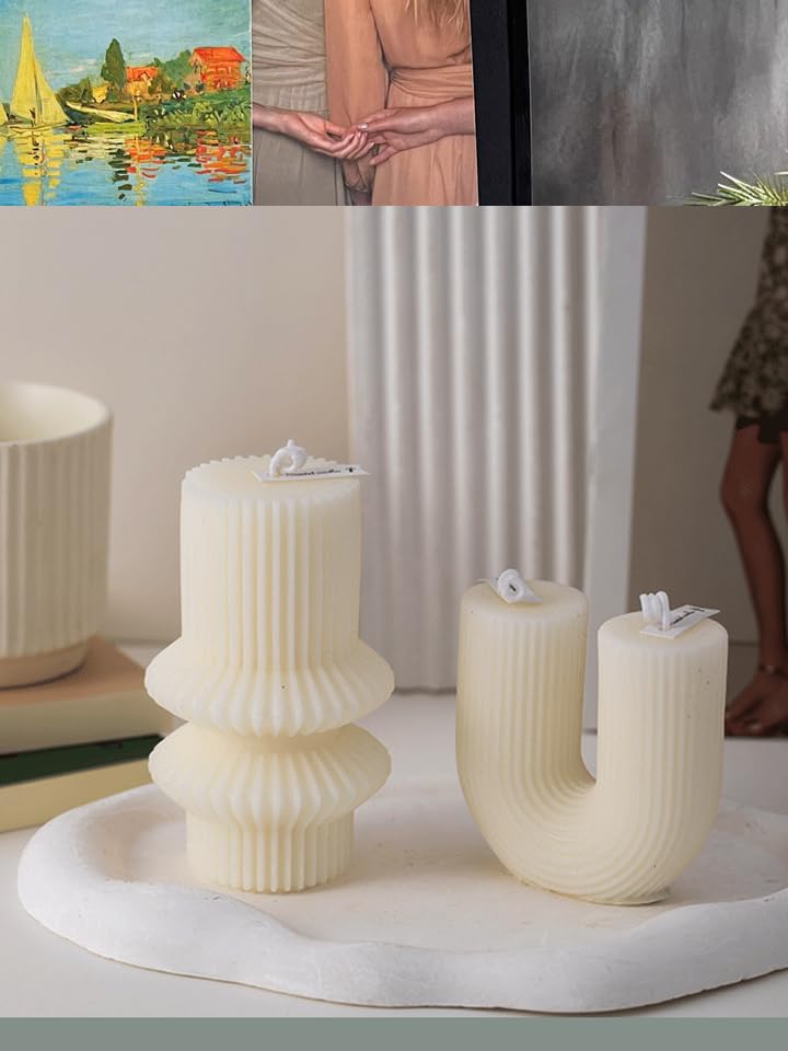 Boho Striped Pillar White Candles, 4.3" Tall Small Decorative Candles for Wedding Decor, Coffee Table, Shelf Styling, Scen...