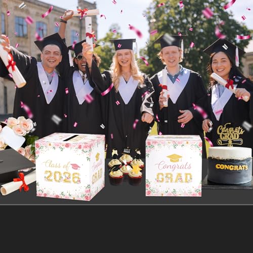 JCTHKUKU Floral Graduation Card Box 2026, Pink Flower Congrats Grad Card Holder Box, Graduation Party Money and Gift Card ...