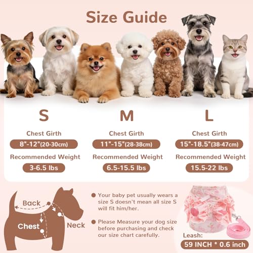 ABRRLO Small Dog Harness and Leash Set Soft Breathable Mesh No Pull Puppy Harness with Bowknot Adjustable Cute Pink Dog Ve...