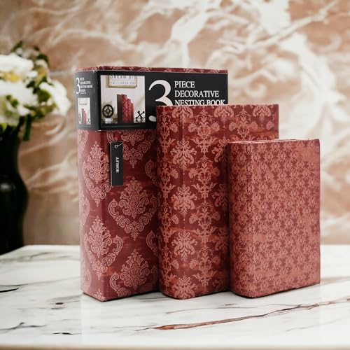 Hosley Farmhouse Memory Book Boxes Set of 3, Red Brown & Gold, Decorative Nesting Storage Boxes 12 10 8 Inch, Faux Leather...