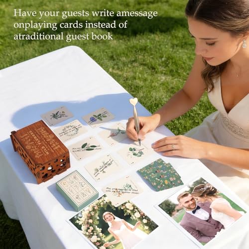54 PCS Personalized Wedding Guest Book Alternative, Floral Wedding Guest Playing Cards Set with Wooden Openwork Storage Bo...