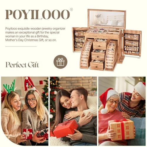 Poyilooo Jewelry Box Organizer, Solid Wood Jewelry Boxes fow Women with Mirror, Large Jewelry Organizer Box Display Earrin...