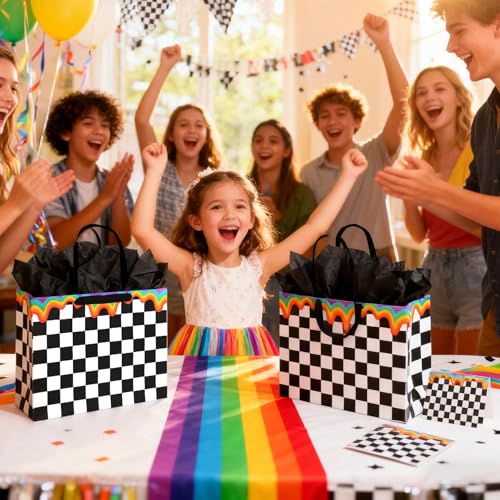 ASYEHJNR 13" Large Size Checkered Rainbow Gift Bag Black and White Plaid Gift Bag with Greeting Card and Tissue Paper for ...