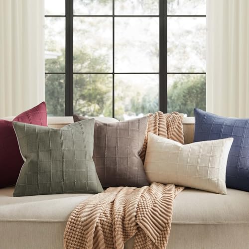 ZeeMart Linen Checked Throw Pillow Covers Set of 2, 18x18 Inch Blue/Cream, Farmhouse Decorative Single Sided Grid Embroide...