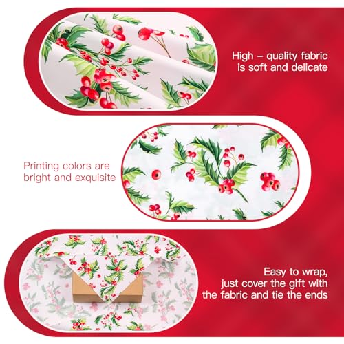 WRAPAHOLIC 26" Reusable Christmas Gift Wrap - 1 Piece Berry and Holly Natural Cotton Reusable Fabric Gift Wrap Christmas F...