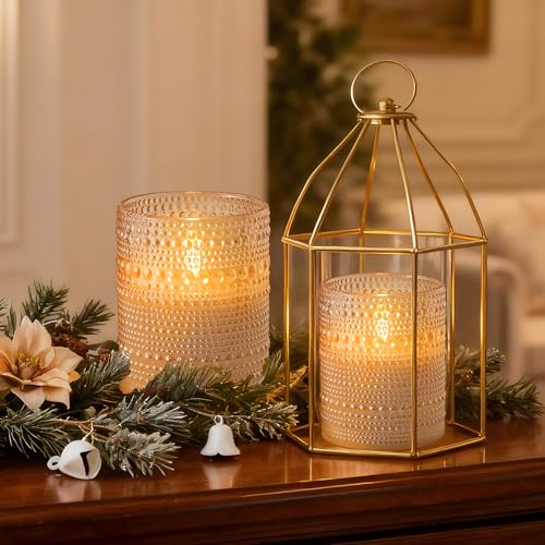 Velsyn Dotted Glass Flameless Candles with Remote Timer, Real Wax Battery Operated LED Pillar Candles with 3D Flickering F...