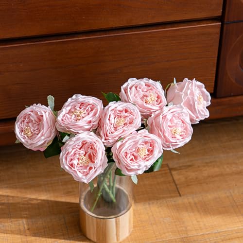 Yonza Soft Touch Artificial Roses and Peonies, 4 Stems Faux Latex Flowers for Vase, Home Wedding Decor - Lifelike Pink Fak...