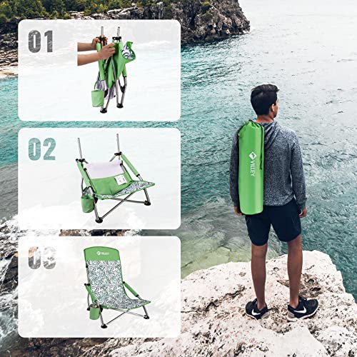VILLEY Low Beach Chair, High Back Folding Beach Chair for Adults, Lightweight and Portable for Outdoor, Beach, Camping, La...