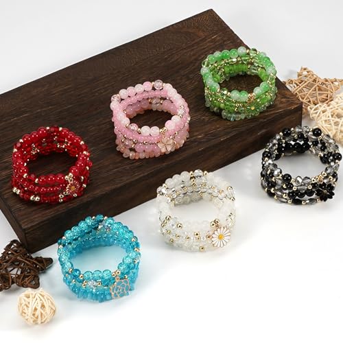 Caiyao 5Pcs Bohemia Multilayer Floewr Crystal Glass Beaded Bracelet Set Colorful Stackable Flower Beaded Friendship Stretc...