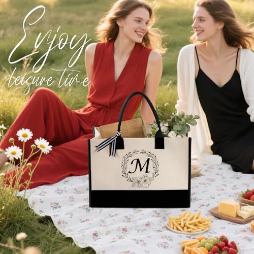 Miokok Personalized Initial Canvas Tote Bag, Beach Bags for Women Birthday Gifts, Wedding Gift for Mom Teachers Friends Nurse