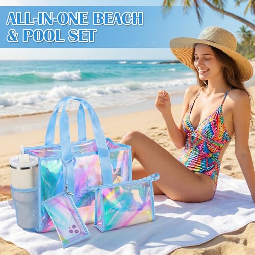 ComfyKit Iridescent Beach Bag for Women,PVC Pool Bag with Cosmetic Pouch&Phone Pouch,Summer Beach Tote for Travel & Vacation