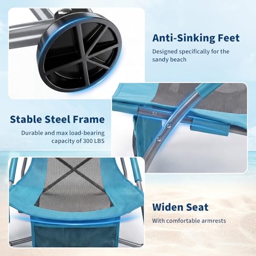 Garvee Low Beach Chair 2 Pack, Folding Portable Beach Chairs for Adults, Lightweight Extra Wide Seat Chair with Cup Holde...