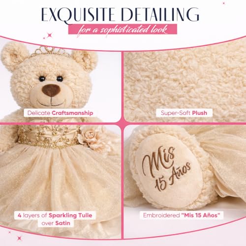 KINNEX COLLECTIONS SINCE 1997 Large 20” Quinceañera Teddy Bear Centerpiece – Elegant Dress, Oversized Keepsake Gift for 15...