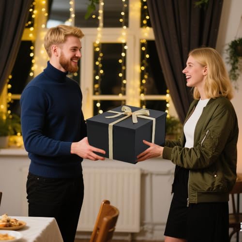 UoeRing 1Pcs Black Extra Large gift box with lids 13×13×7 Inches gift boxes for presents,Birthday Box (include Ribbon, Pap...