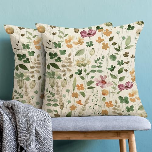 Yxuiyal Spring Pillow Covers 18x18 Set of 2 Green Pink Floral Leaves Throw Pillow Covers Decoration Summer Flower Plants F...