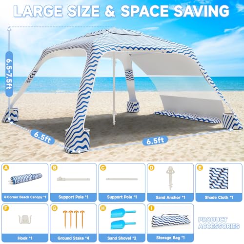 Beach Cabana with 4-Corner, UPF50+ Beach Canopy, Adjustable Height Beach Tent Sun Shelter, Sun Umbrella with Removable Sid...