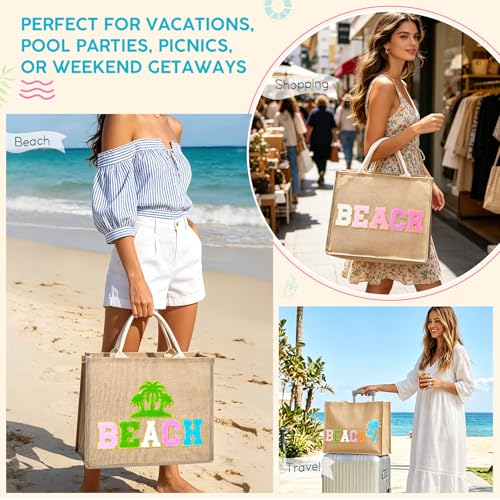 KUIRAN Beach Bag for Women Large Woven Straw Bag with Chenille Letter Patches and Water-resistant Lining, 20L Tote Handbag