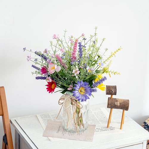 LUEUR Artificial Daisy Flowers Fake Silk Spring Colorful Flowers Fake Wildflowers Greenery Shrubs Plastic Plants Arrangeme...
