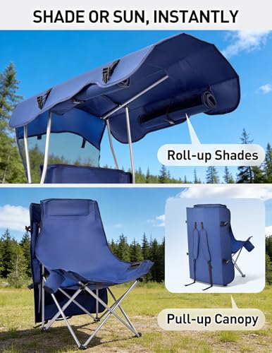 East Oak Oversized Camping Chair with Canopy | 400 LBS Heavy Duty Folding Beach Chair with Canopy Shade, Roomy Seat, Full ...