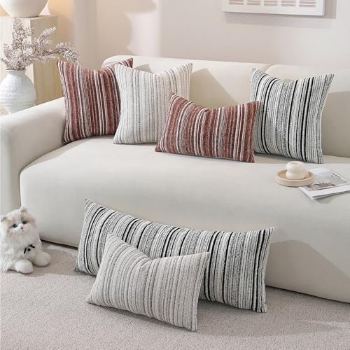 QDTTSRY Chenille Throw Decorative Pillow Covers 20x20 Set of 2, Textured Striped Boho Couch Pillow Covers, Cozy Neutral Fa...