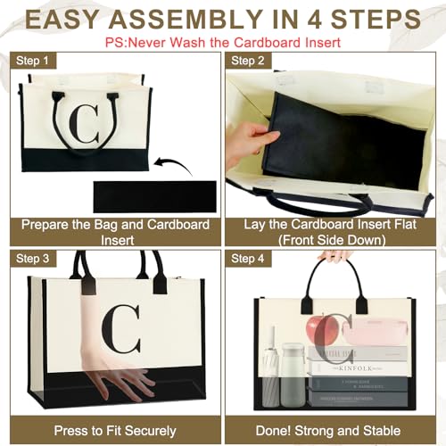 GENGBIN Personalized Canvas Tote Bag for Women Makeup Pouch Initial Beach Bag Removable Bottom Board for Travel Birthday