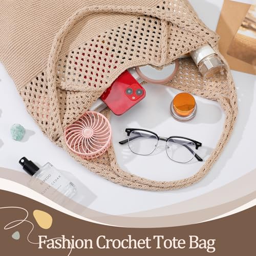 Premillow Crochet Beach Tote Bags, Stylish Mesh Beach Bags Shoulder Bag for Women, Cute Summer Vacation Boho Tote Bag