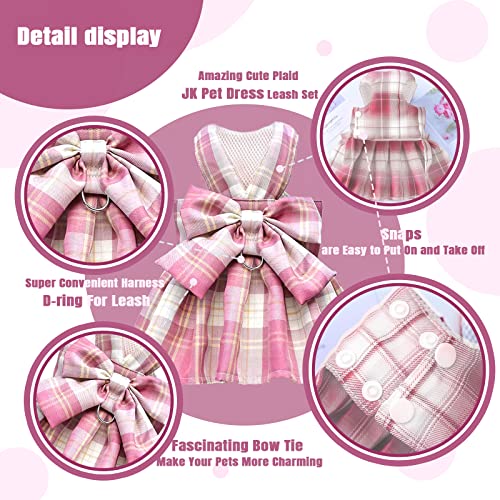 PETCARE Plaid Dog Dress Bow Tie Harness Leash Set for Small Dogs Cats Girl Cute Princess Dog Dresses Spring Summer Puppy B...