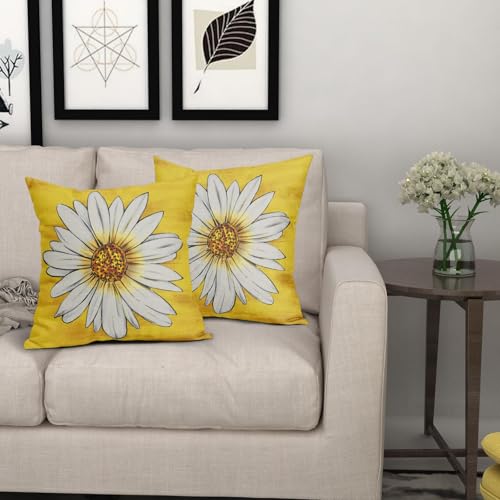 Summer Daisy Floral Pillow Covers 18X18 Inch Set of 2 White Petal Flower Bloom Decorative Pillow Cases Yellow Seasonal Cot...