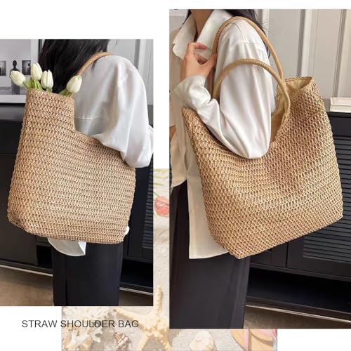 YAVCOOL Straw Beach Bags for Women Woven Beach Tote Bag Casual Boho Large Shoulder Handbags Purse for Vacation Holiday