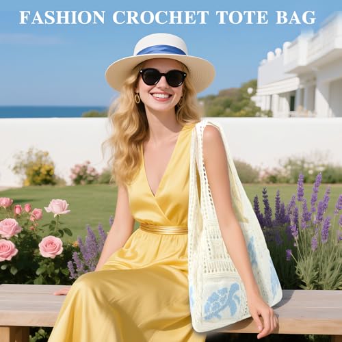 Topdear Crochet Tote Bag for Women, Aesthetic Crochet Mesh Beach Tote Bag, Summer Vacation Knitted Bag for Women Shoulder