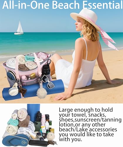 Unamujer Mesh Beach Bag with Cooler Large Travel Family Vacation Essentials Pool Swimming Zipper Pocket Durable 9 Pockets