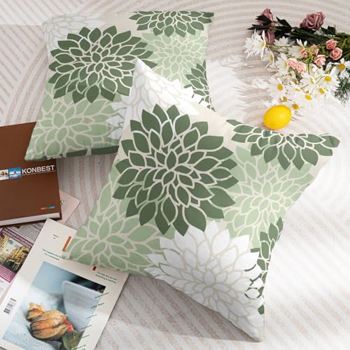 aportt Sage Green White Floral Pillow Covers 18X18 Inch Set of 2 Geometric Dahlia Flower Decorative Pillow Cases Modern Co...