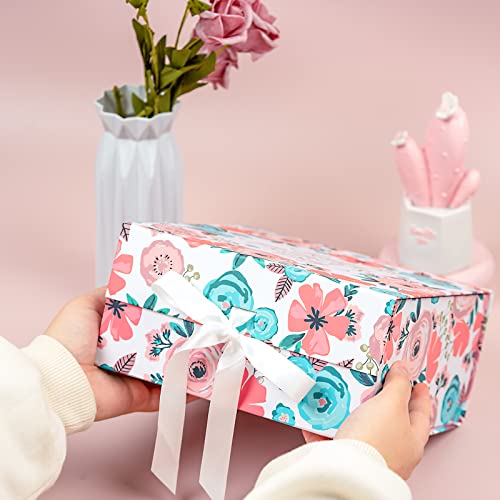 WRAPAHOLIC 1 Pcs 8x8x4 Inches Rose Gold Foil Happy Mother's Day Lettering and Floral Gift Box with Satin Ribbon, Collapsib...
