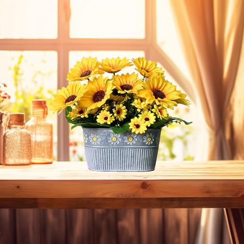hopeme Artificial Flowers Fake Sunflowers in Pot, Faux Silk Flowers Floral Table Centerpiece Decoration, Rustic Potted Gre...
