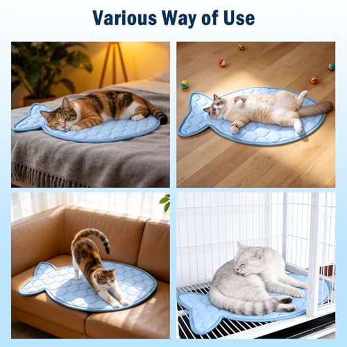 SZEE Cat Cooling Mat, Pet Cooling Mat for Cats & Small Dogs, Summer Cooling Pad, Machine Washable, Fish-Shaped, for Bed, S...
