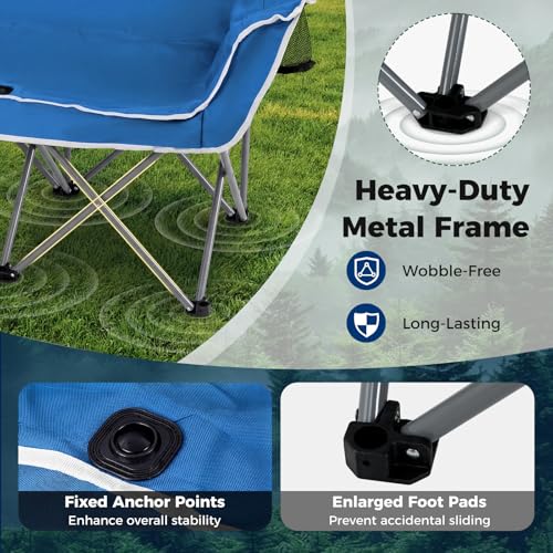 COSTWAY Double Camping Chair for 2, Oversized Folding Loveseat with Armrests, Dual Cup Holders & Carry Bag – Heavy-Duty Po...