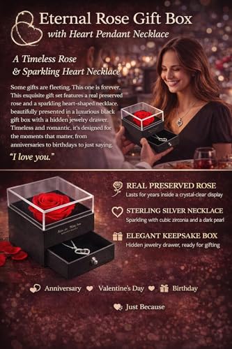 Valentine Necklace Gift for Girlfriend I Love You in 100 Languages Projection Necklace Heart Pendant with Preserved Red Ro...