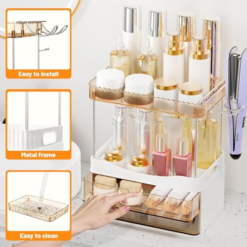 TasticTotes Bathroom Counter Organizer with Hairdryer Holder, 2-Tier 2-Drawer Shower Organizer for Skincare, Makeup Cosmet...
