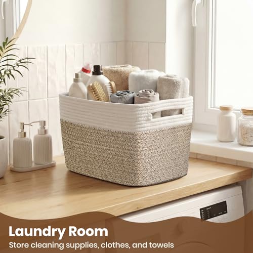 Storage Baskets for Organizing, 14 x 10 x 9” Closet Shelf Woven Baskets, Square Bins with Handles, Cotton Rope Basket for ...