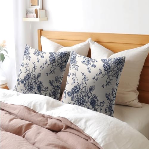 Vintage Floral Pillow Covers 20x20 Inch Set of 2 Navy Blue and Cream Floral Throw Pillow Covers Chinoiserie Flower Pillowc...