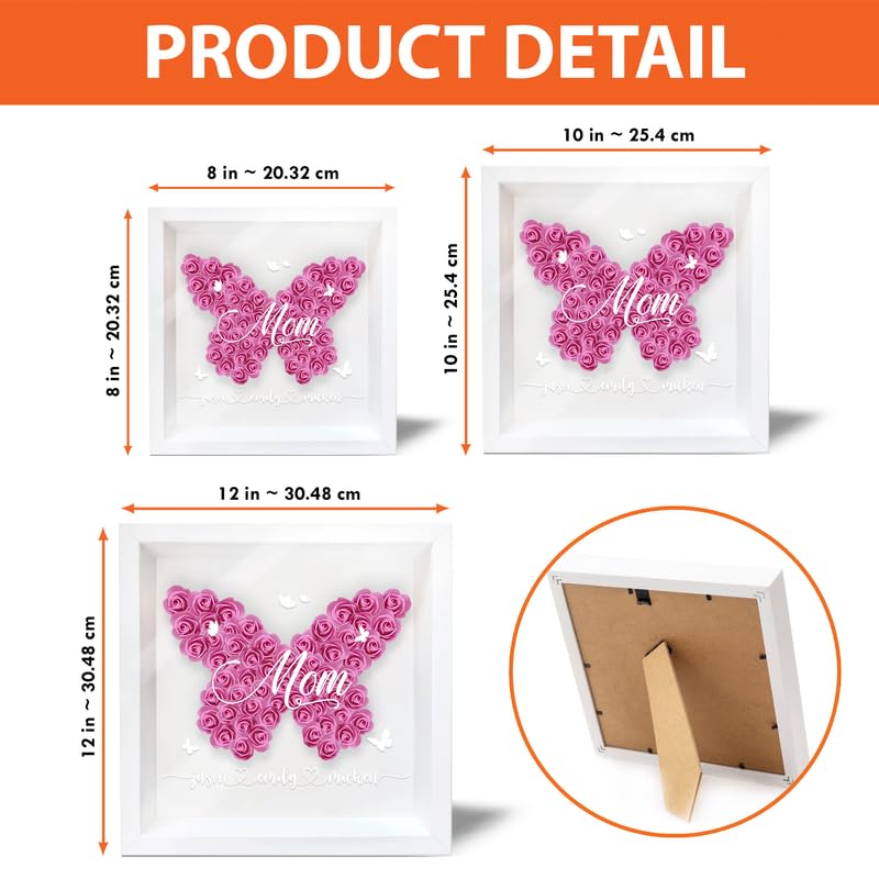 Personalized Mother’s Day Shadow Box Frame, Custom Mom Pink Rose Heart Art with Children Names, Unique Birthday Gift for G...