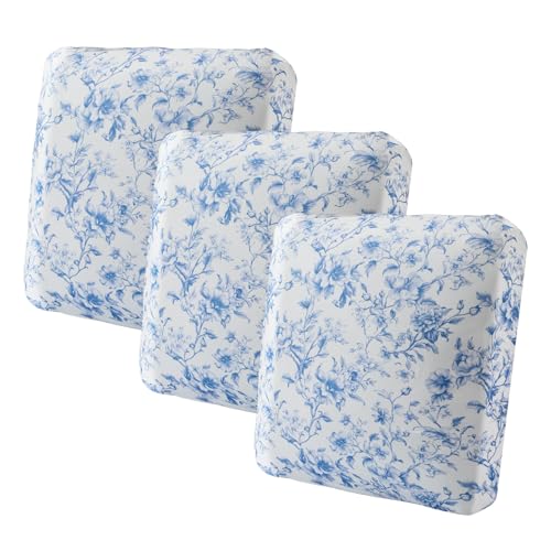 Preboun 3 Pcs Blue Floral Printed Couch Cushion Covers Stretch Chinoiserie Washable Non-Slip Sofa Slipcover Blue Toile Rep...