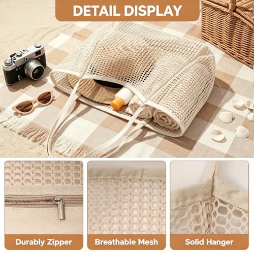 Zptjql Mesh Beach Bag, 23L Foldable Sandproof Lightweight Tote, Breathable Pool Bag with Wide Shoulder Straps, Zipper Pocket